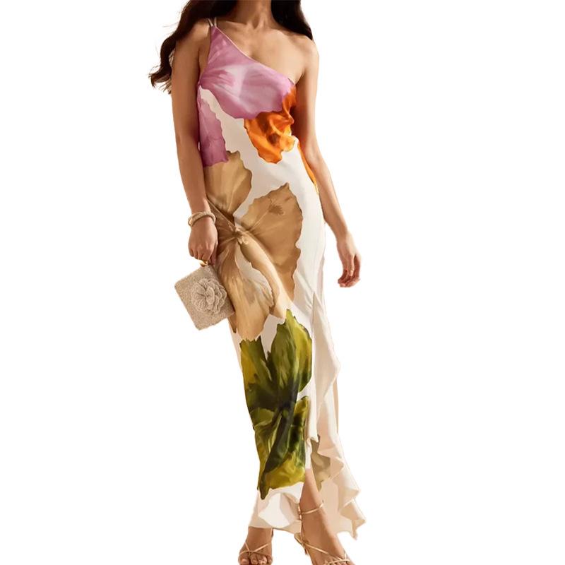 2026 Spring Women's Fashion: Elegant Spaghetti Strap Printed Irregular Dress