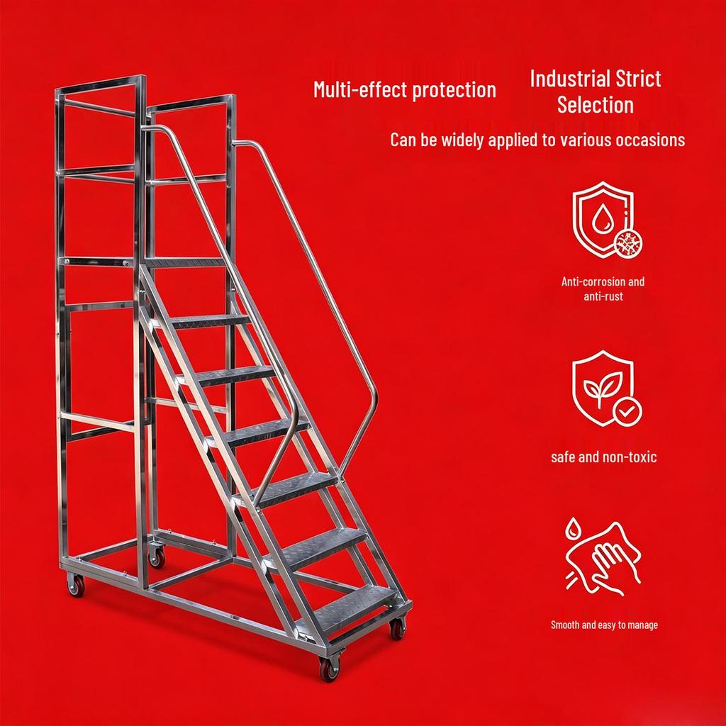 304 Stainless Steel Mobile Platform Ladder with Detachable Safety Feature