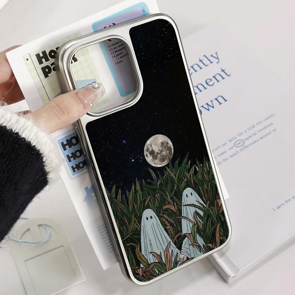 Moon Fashion Art Pattern Design Ins Phone Case for iPhone 16 15 14 13 12 11 Pro Max Sheepskin Silver-edged Protective Case