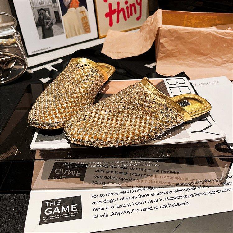 

European goods ins super fire rhinestone full diamond metal fishing net bag head half slippers flat bottom lazy women sandals slippers 40