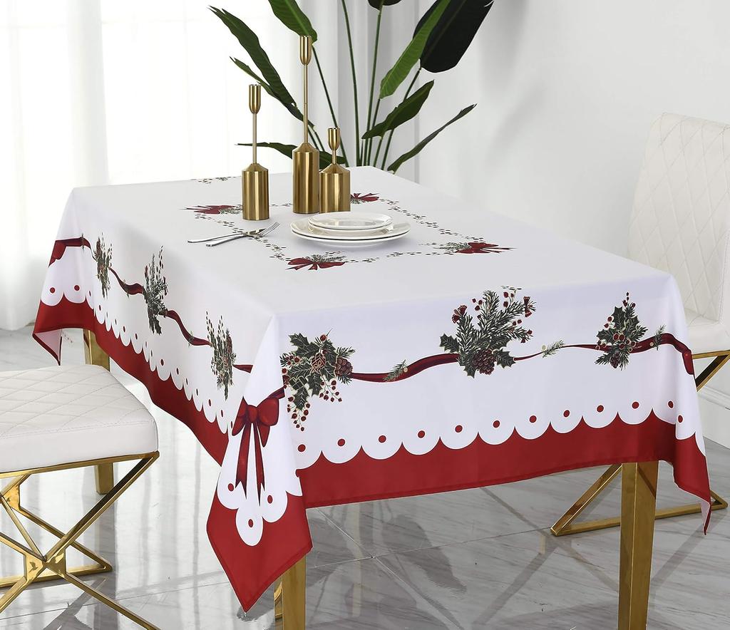 Christmas Bow Holly Rectangle Waterproof Tablecloth Table Decor Winter Xmas Kitchen Dining Tablecloth Christmas Decorations