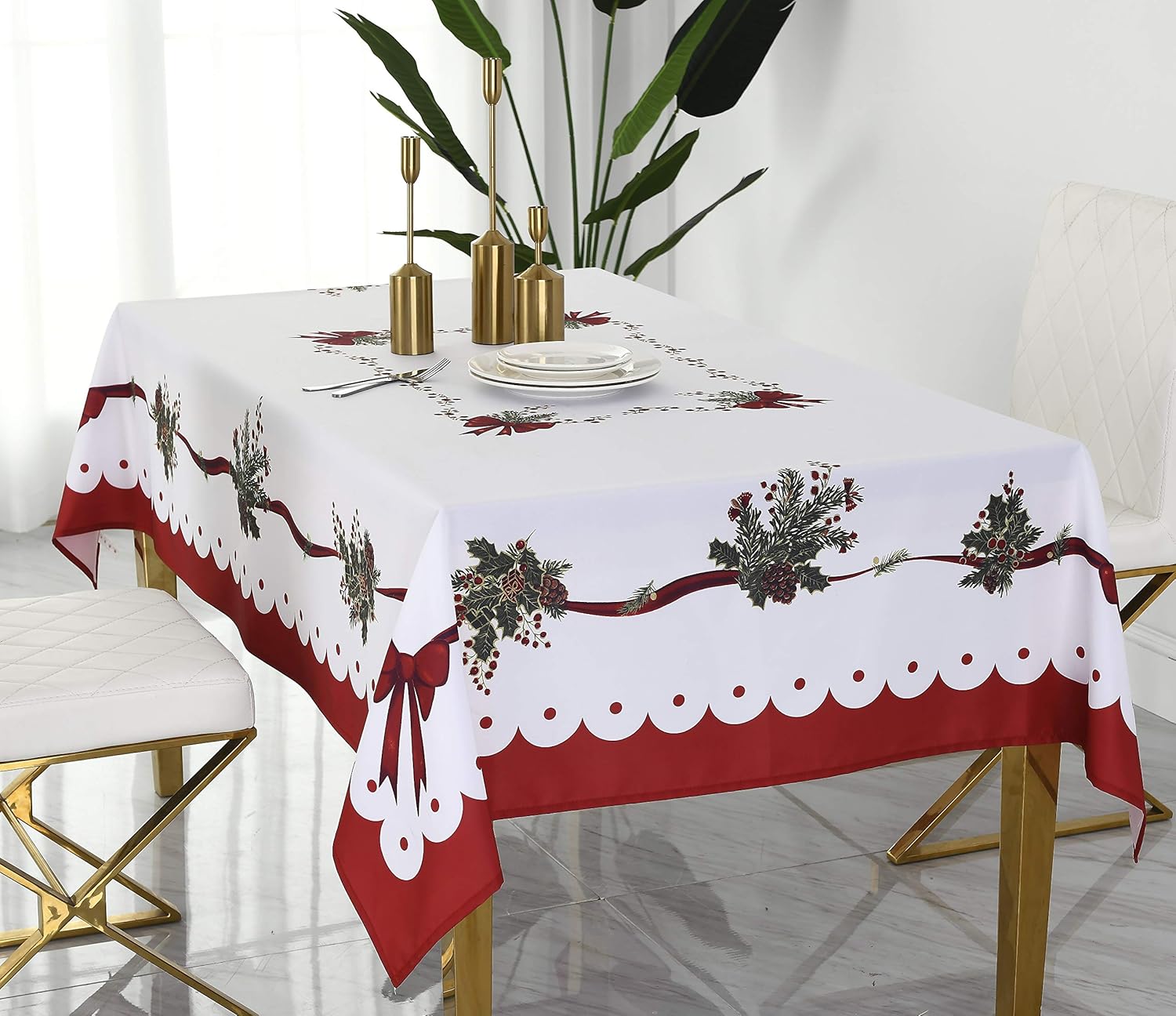 

Christmas Bow Holly Rectangle Waterproof Tablecloth Table Decor Winter Xmas Kitchen Dining Tablecloth Christmas Decorations 90x140cm