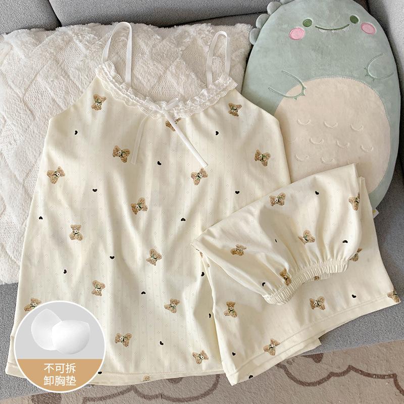 Summer Imitation Cotton Lace Edge Pure Desire Suspender Shorts Pajamas Women's Pajamas with Chest Pads Pajamas Set Loungewear Real Shot