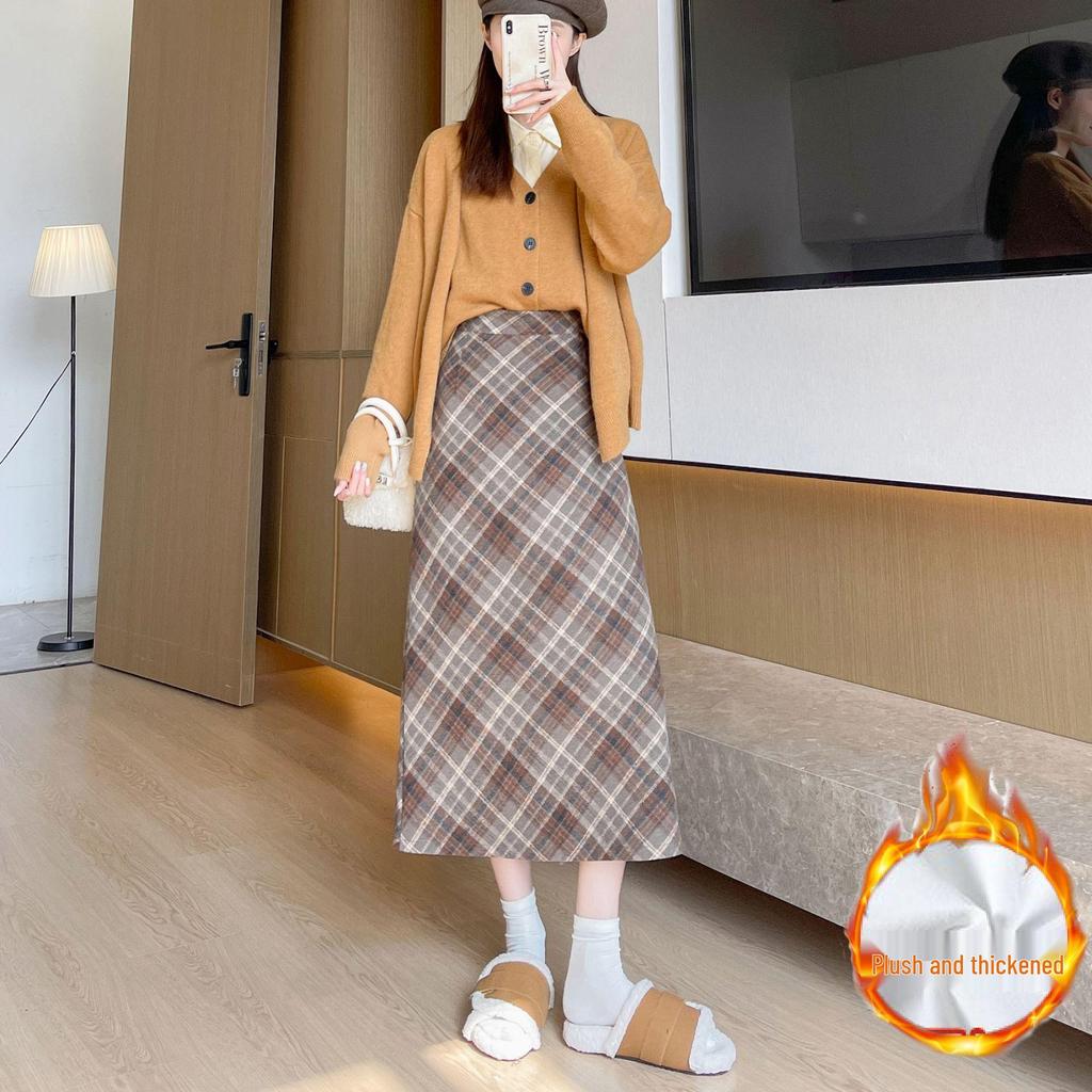 Autumn-Winter High Waist Wool Plaid A-Line Midi Skirt