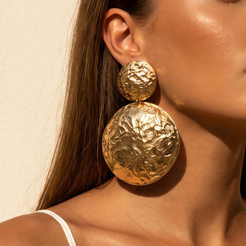 European and American retro hammer pattern size double round piece earrings, light luxury old concave and convex texture metal earrings for women