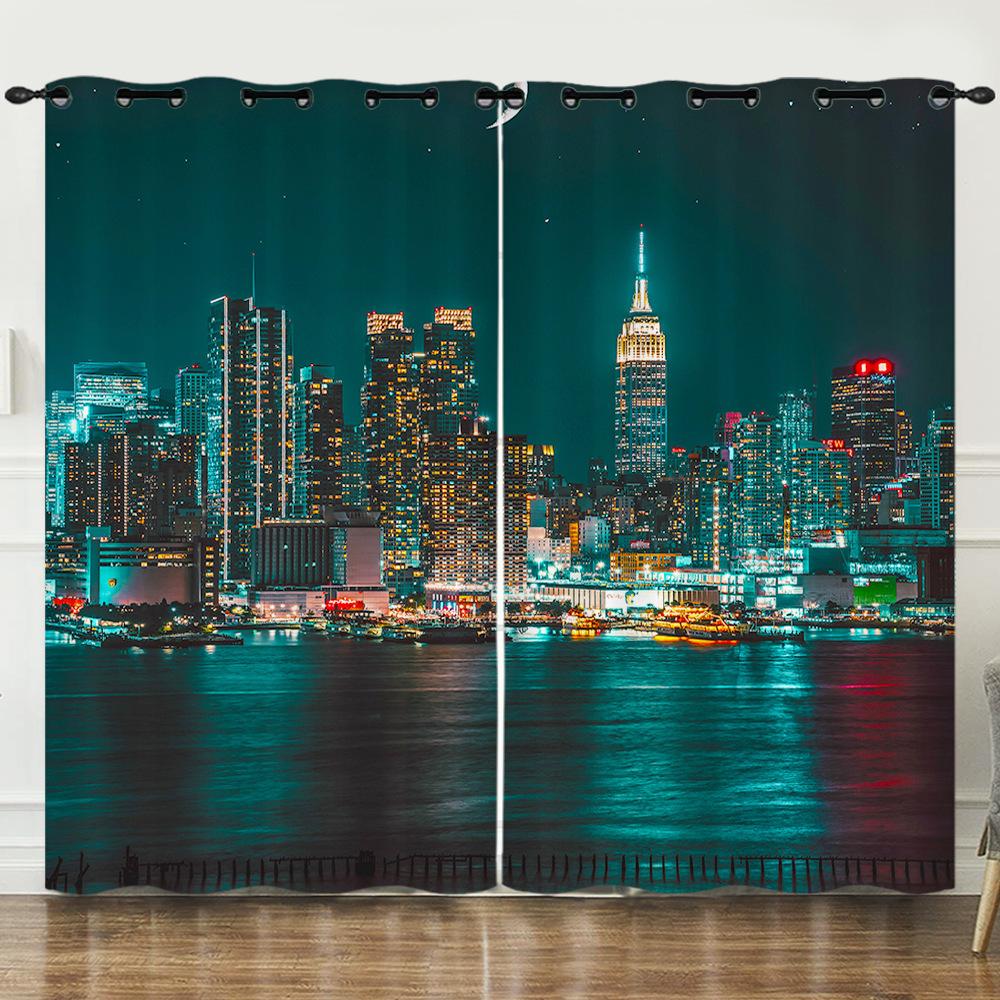 Curtains City Architecture Landscape 3D Digital Printing Blackout Curtains No Punching