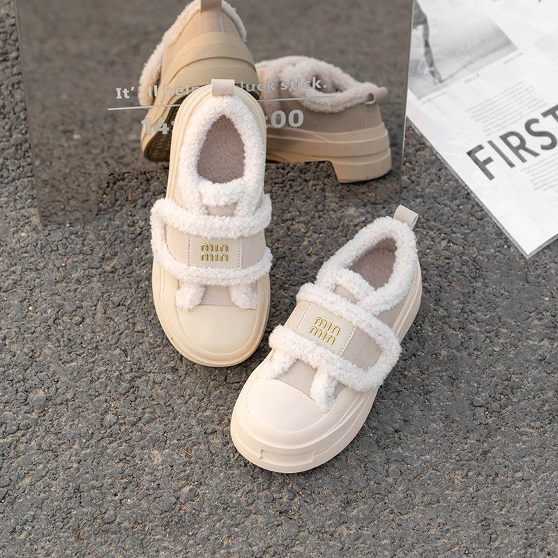 Versatile Fluffy Shoes Heightened Thick-soled Warm Women's Casual Shoes Cowhide Velvet Velcro Women's Cotton Shoes