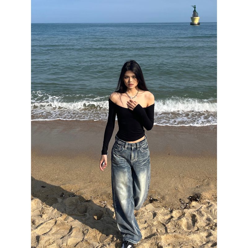 

Retro Blue Pure Cotton Distressed Fashion Ins Denim Old medium blue M(In stock)