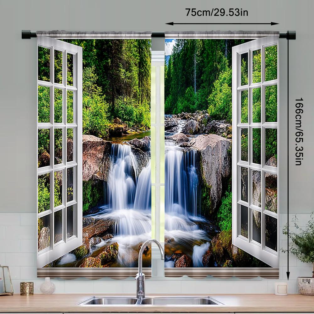 Forest Waterfall Curtain Green Rainforest Tropical Tree Plant Jungle Nature Scenery Landscape Window Drapes Curtains Set Of 2 Made Polyester