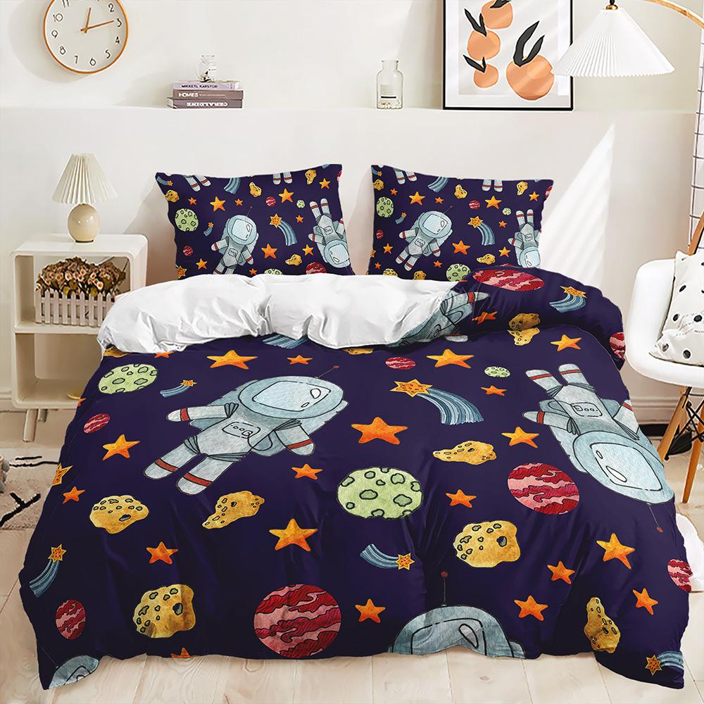 Quilt Cover Cartoon Planet Bed Cover Pillowcase Digital Printing Bedding Three-Piece Set