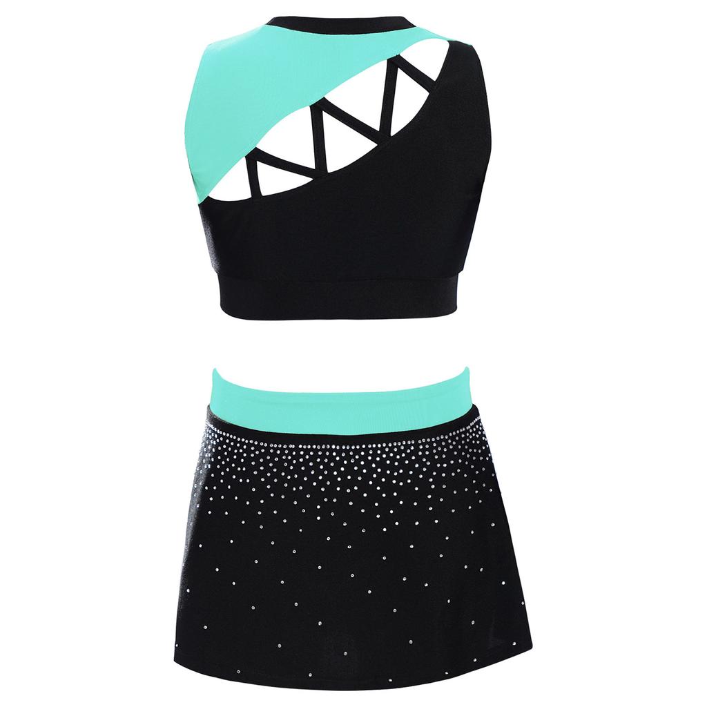 Girls Dance Crop Top and Skirt Set Sleeveless Rhinestone Design Side Slit Cheerleading Costume