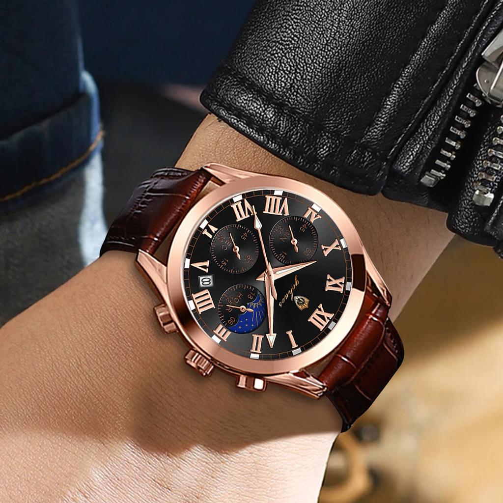 Gohuos 9801 Fashion Men Luxury Watches Business Stainless Leather Quartz Date Watch Gifts for Male Wristwatch Relogio Masculino