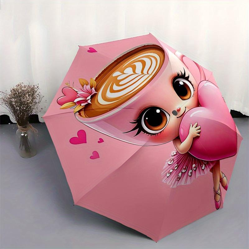 1pc Cappuccino Heart Themed Umbrella, 8 Rib Frame,Automatic Opening 3 Fold Umbrella, Lightweight and Durable Couple Umbrella-110