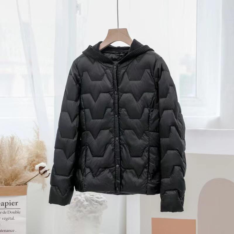 Short down jacket women's knitted hoodie, simple commuting, light and warm, light and thin stand-up collar.