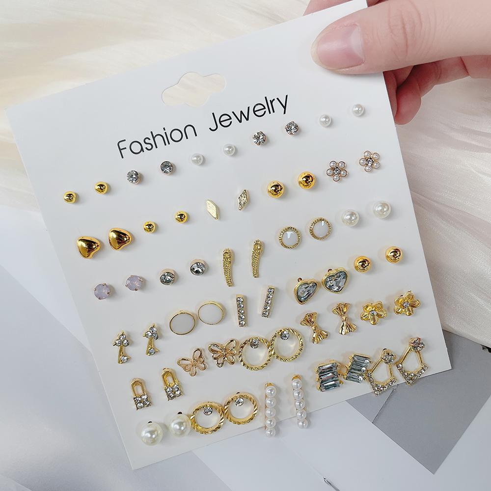 Geometric 30 Pairs/Lot Korean Fashion Sweet Heart-shaped Imitation-pearl Stud Earring For Women Daily Student Friends Jewelry