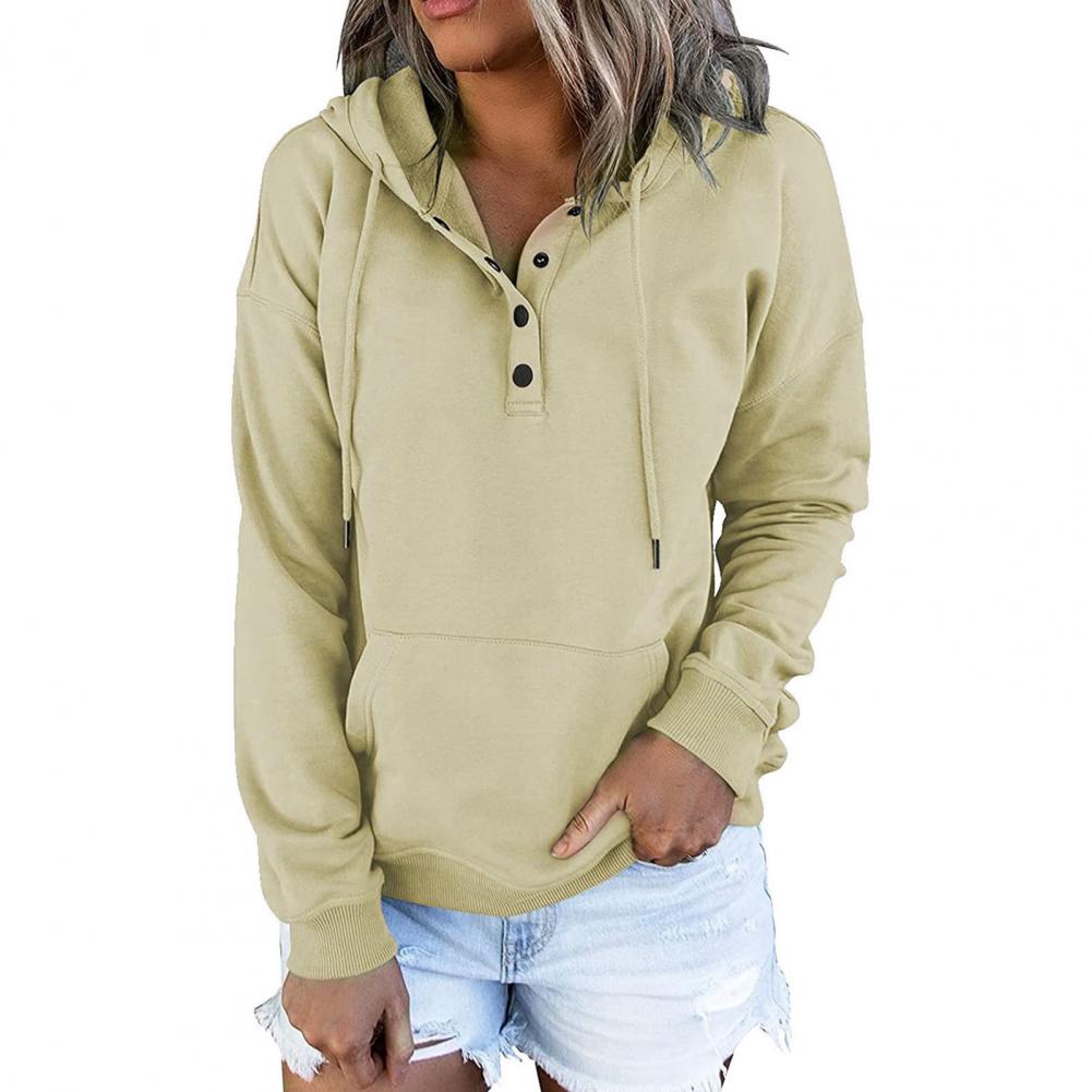 Women Fall Winter Hoodie Long Sleeve Loose Pullover Big Pocket Button Decor Drawstring Casual Soft Warm Hooded Elastic Cuff Lady
