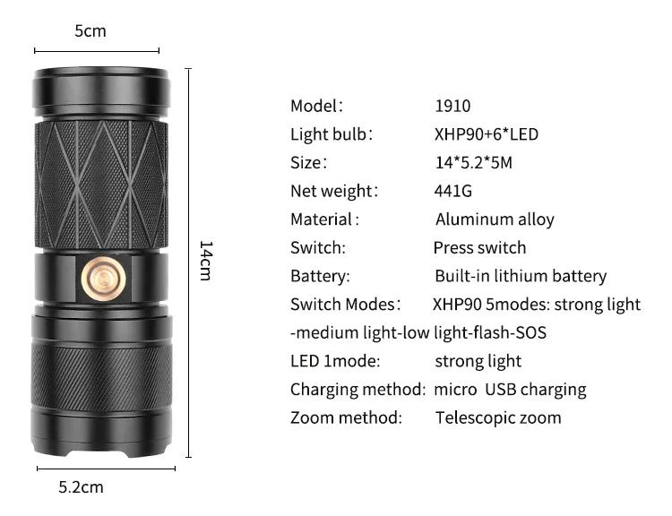 Powerful Led Flashlight Torch Xhp90 Tactical Torch Type-c Rechargeable White Laser Hand Lamp for Outdoor Camping