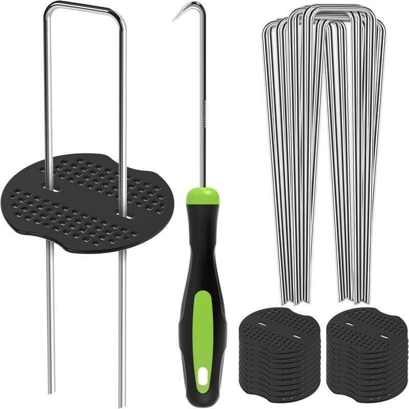 101Pcs Garden Stakes Set 50 U-Shaped Staples Pegs 50 Fixing Gaskets 1 Pick Hook