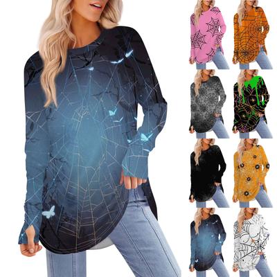 Women's T-Shirt Halloween Printed Round Neck Loose Long Sleeve Medium Long Missing Thumb Top