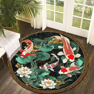 Koi-Fische im östlichen Stil Runde Bodenmatten mit Flanelldruck sind rutschfest Geeignet für Wohnzimmer Schlafzimmer Terrasse Garten Teppiche