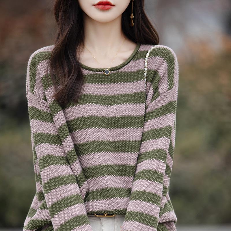 Women Autumn Winter O-Neck Pullover Long Sleeve Sweater Stripes Colorful Loose Knitwear Bottoming Clothing
