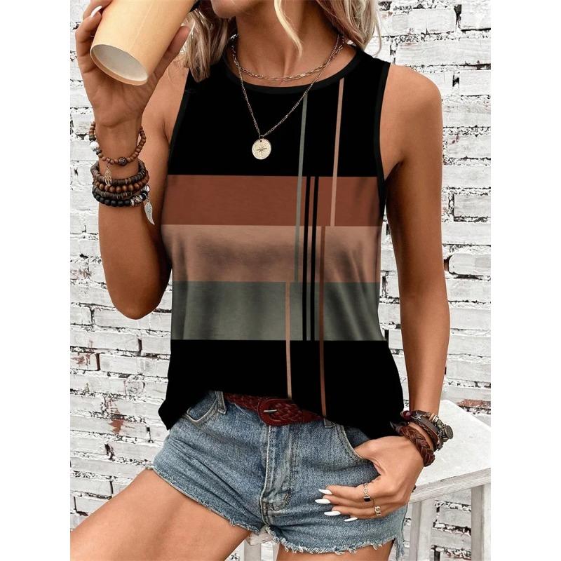 Women's Sleeveless Round-neck Vests Fashionable Geometric Color Block Printed Summer Street Fashion Casual Wear