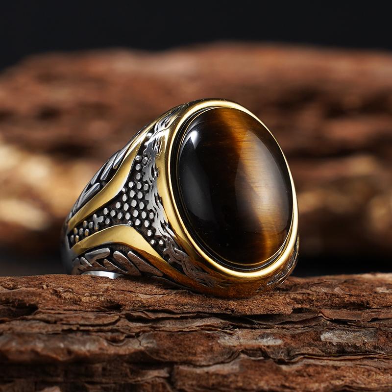 

Серія Натурального Каменю для Чоловіків Еліптична Каблучка з Натуральним Каменем Тигрове Око Нержавіюча Сталь 316L Чоловічий Вінтажний Дизайн Панк Каблучка 12