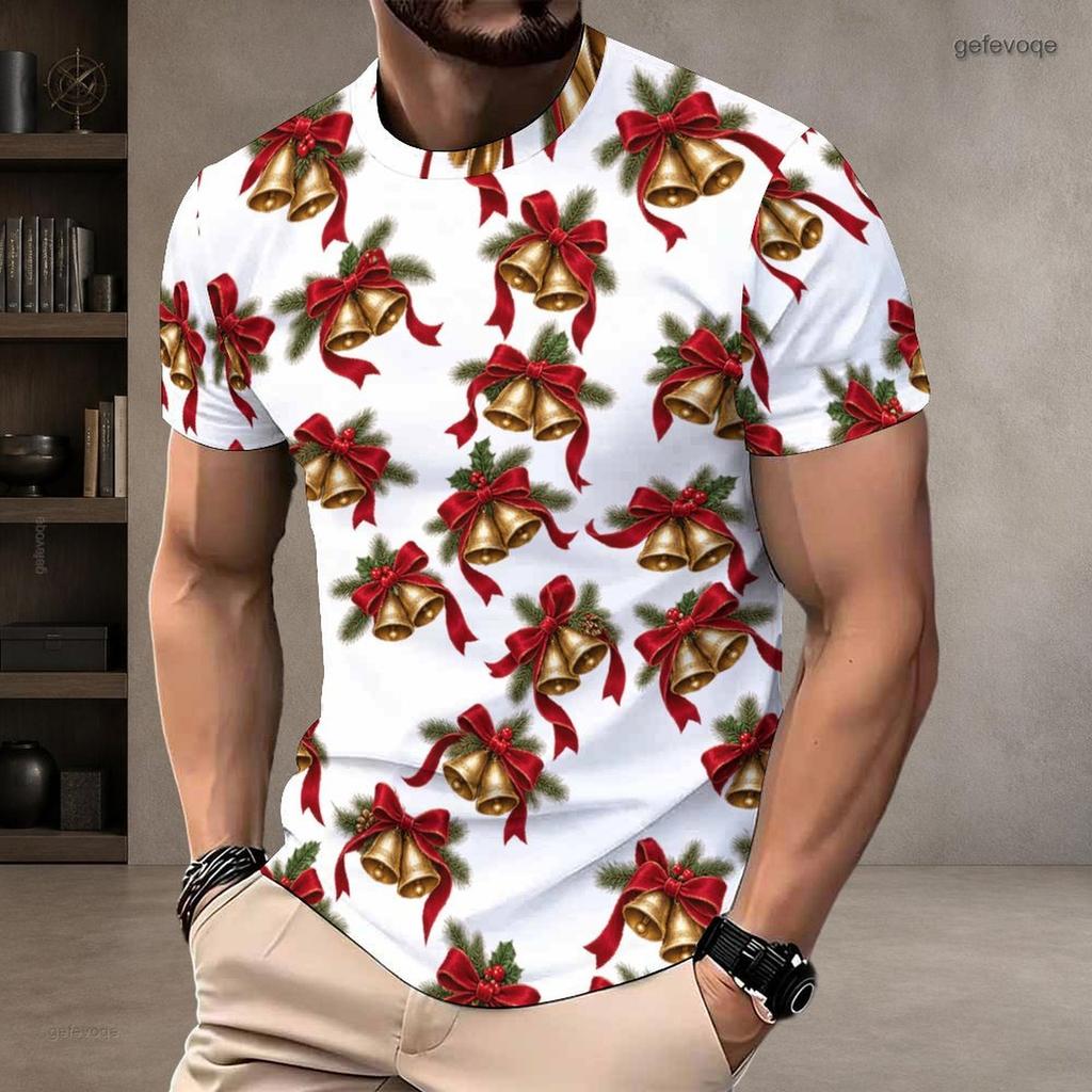 Men Plus Size Round Neck Short Sleeve T Shirt Christmas Teddy Bear Printed White Pullover