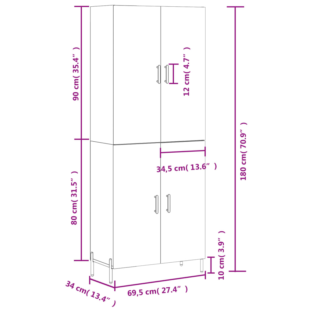 Highboard White 69.5 x 34 x 180 cm Particleboard