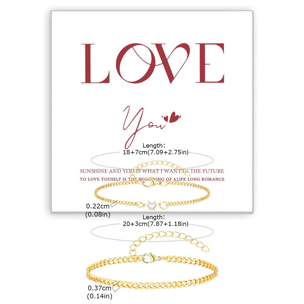 Vnox Verstellbares Partnerarmbänder Set mit Karte, Edelstahl Herz Zirkon für Damen, Goldfarbenes Armband Valentinstagsgeschenk