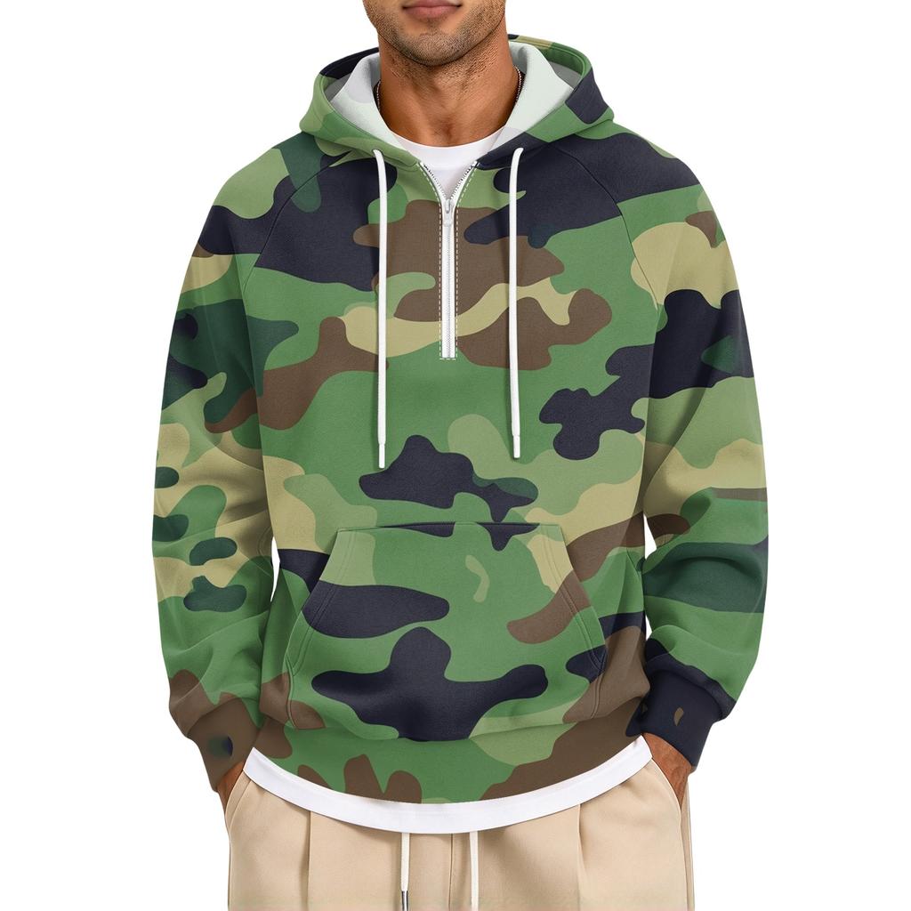 Men's Camouflage Print Zip-Up Hoodie, Casual Loose Fit Long Sleeve Hooded Sweatshirt for Fall Winter