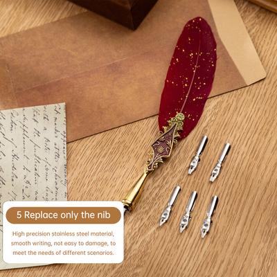 Set di penne a immersione retrò con piuma, penna d'oca vintage, stile elegante, calligrafia, scrittura con firma