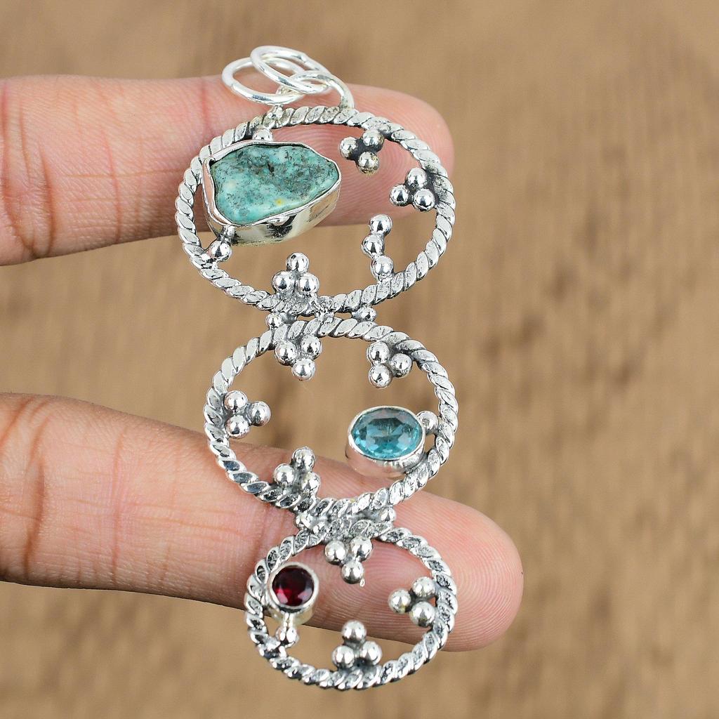 Natural Tibetan Turquoise Swiss Blue Topaz Daughter Pendant 925 Sterling Silver