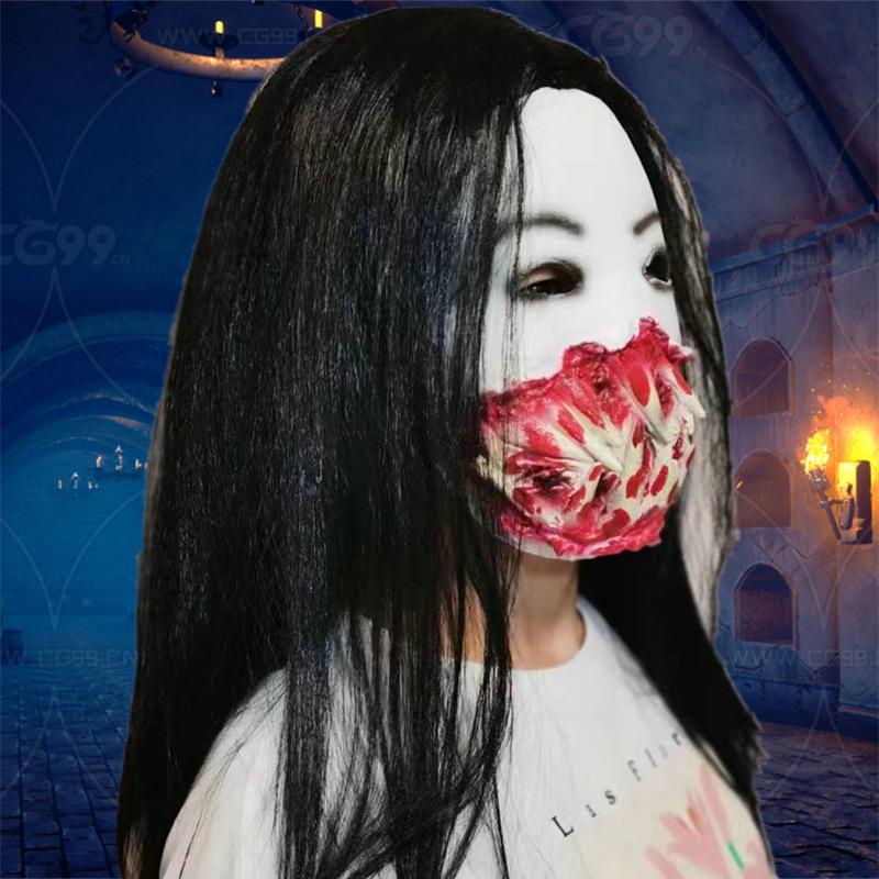 Horror Mask Black Hair and Fangs Prank Full Face Halloween Cosplay Dance Party Scary Latex Headgear