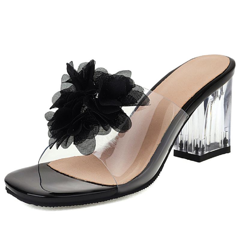 Clear Heels Women's Slippers Sweet Bowtied Summer Shoes PVC Transparent Sandals Women Yellow White Party Shoes Large Size 48
