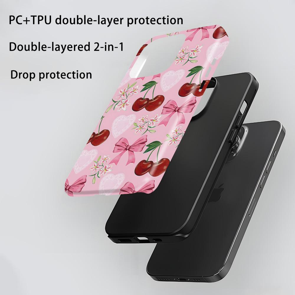 Sweet girl wind cherry bow mobile phone case iPhone16promax two-in-one film case Apple 17 anti-collision case