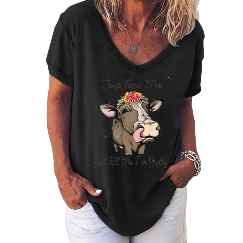 Fashion Spring  Cattle Print Blouses Short Sleeved V-Neck T Shirts Casual