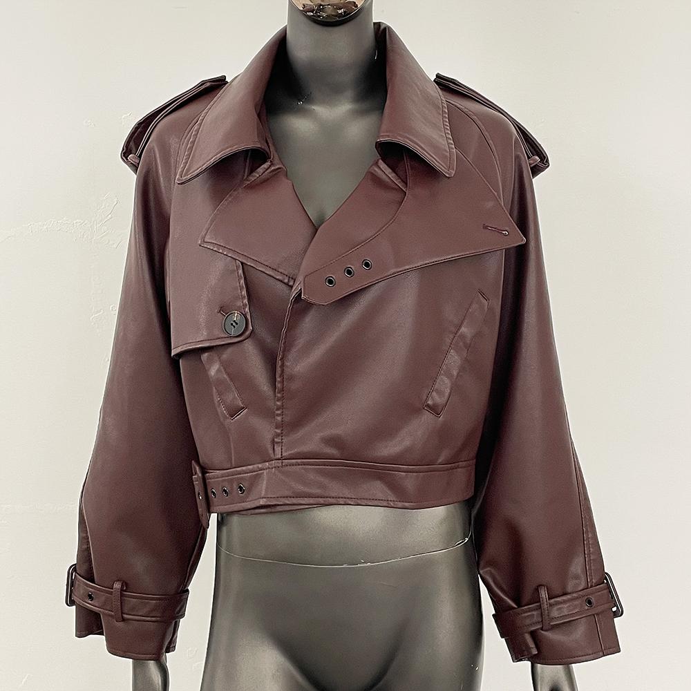 OFTBUY Dámská vintage volná krátká bunda z umělé kůže s páskem na motorku, dámská retro moto bikerská bunda, svrchní prádlo, topy