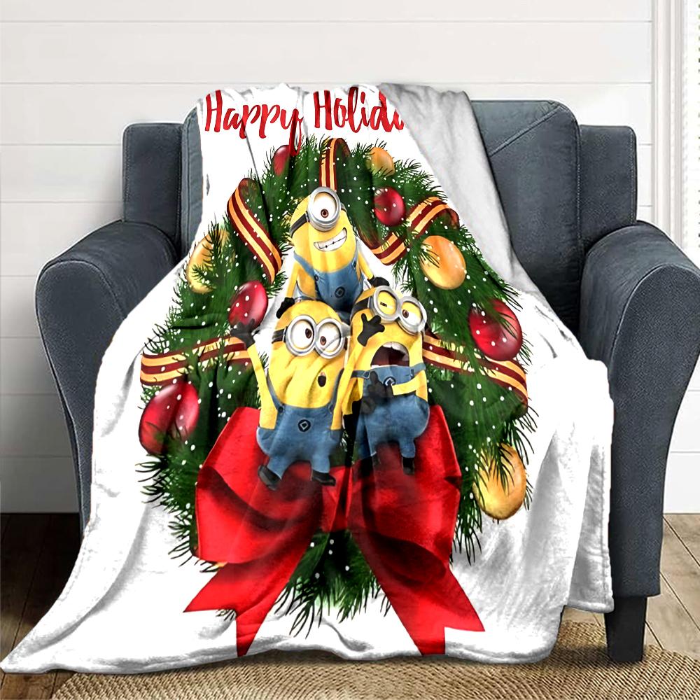 1Pc Happy Minions Holiday Wreath Blanket Soft Throw Blanket For Home Bedroom Bed Sofa Travel Office Solid Christmas Blanket