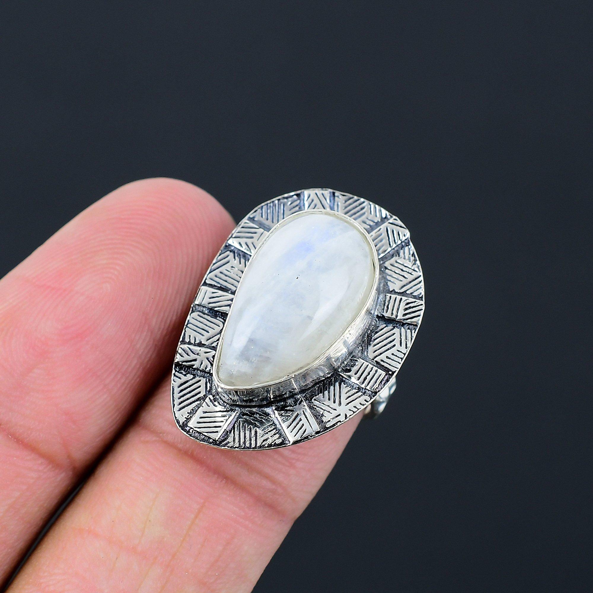 Pear Rainbow Moonstone Gemstone Solitaire Elegant Ring Size 6.5 Sterling Silver 6.5