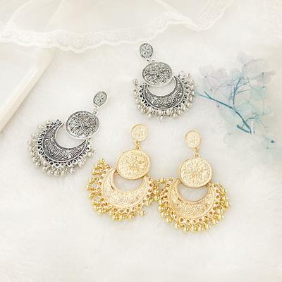 SIMJO Hohle Halbmond Fransenohrringe Böhmische Sonne und Mond Skulpturierte Runde Perlenfransenohrringe für Damen