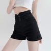 Women's Super High Waist Black Denim Shorts - Tummy Control, Elastic, A-Line, Wide Leg, Buttoned, Summer Wear