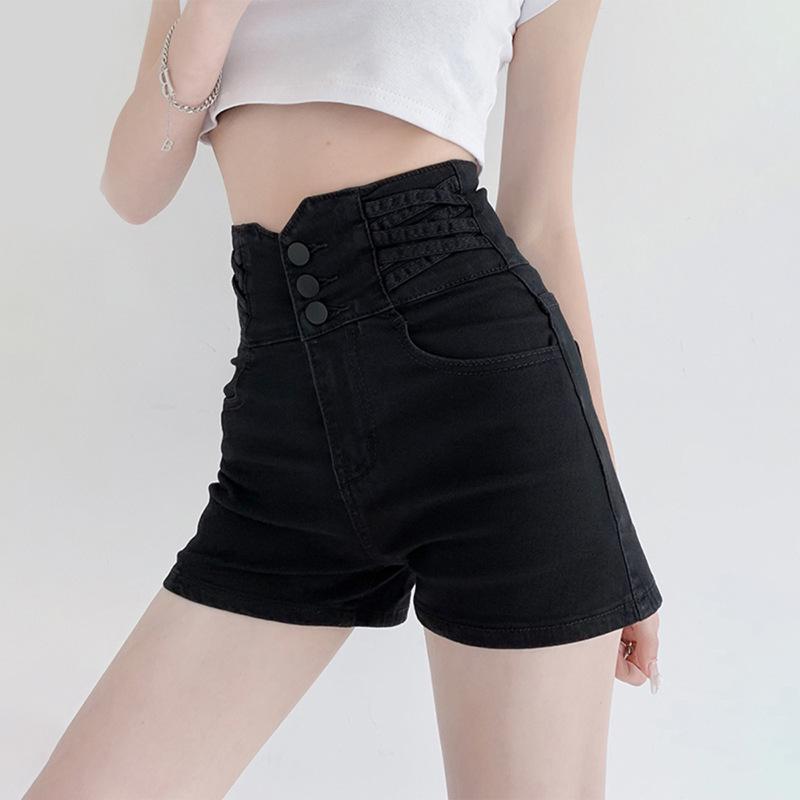 Women's Super High Waist Black Denim Shorts - Tummy Control, Elastic, A-Line, Wide Leg, Buttoned, Summer Wear