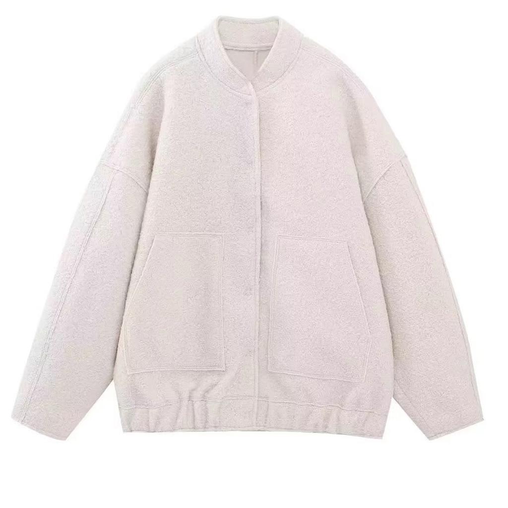 Women's Solid Color Fashionable Short Sleeved  Woolen Jacket Jacket