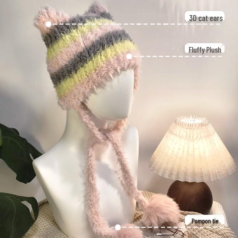 Korean Style Cat Ear Earmuff Hat - Cute, Warm, Dual-Use, Knitted Slouchy with Color Block Stripes