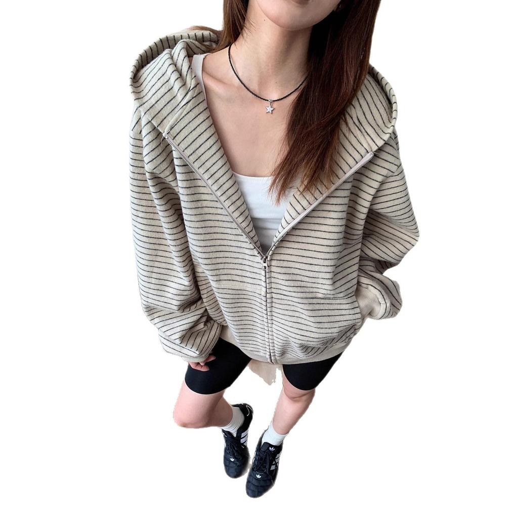 Women's Retro Korean-Style Hooded Striped Cardigan