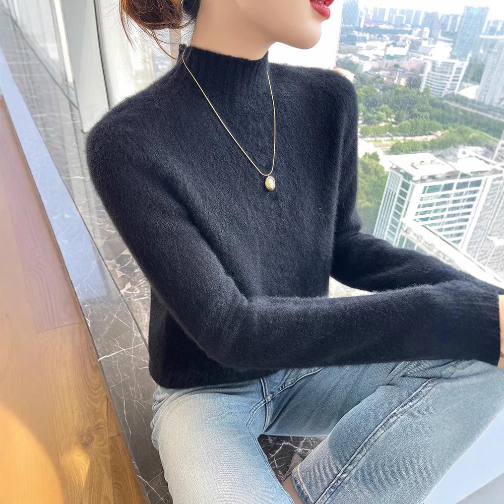 Damski wełniany sweter z golfem o splocie diamentowym - Wyszczuplający, wszechstronny pulower jesienno-zimowy