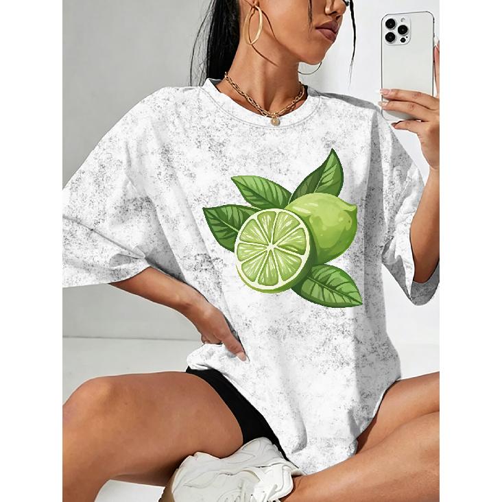 Sommer Neu Limettenscheibe Fruchtprint Schneeflocke Kurzarmhemd T-Shirt Top Rundhalsausschnitt, leicht und atmungsaktiv, geeignet für Frühling, Sommer und Herbst