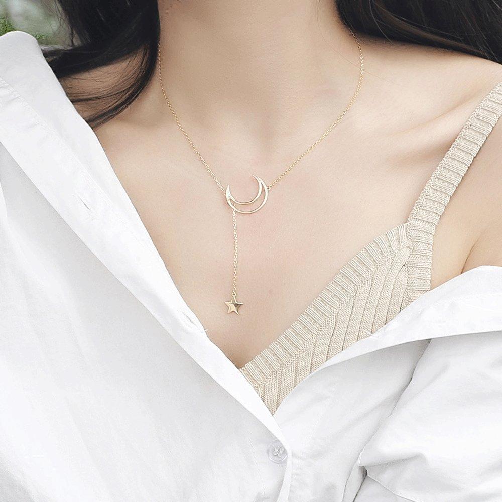 [K.L.Y] Women's Necklace, Starry Sky Crescent Moon, Sterling Silver 925 Pendant, Lovely and Cute, Pure Silver, Gift (Gold)