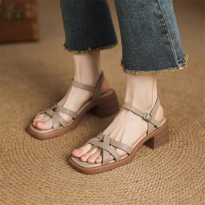 Fashion New Summer Sandals Sheep Leather Women Shoes Square Toe Chunky Heels Sandals for Women Fashion Roman Sandals Shoes High Heels